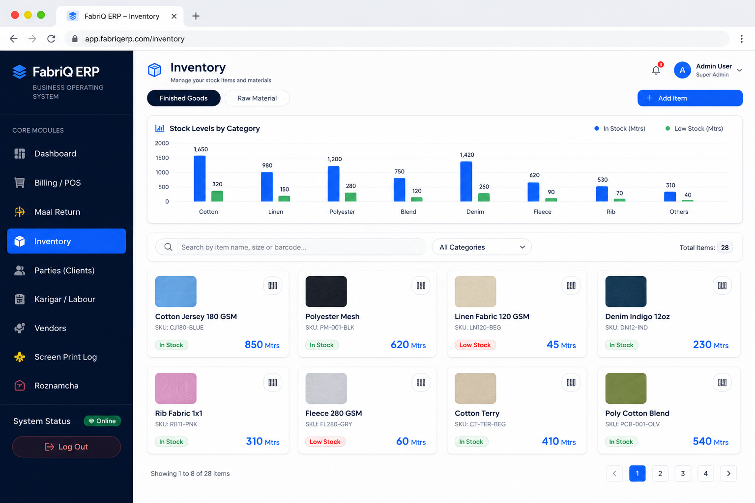 FabriQ ERP inventory system showing fabric stock levels and barcode product list