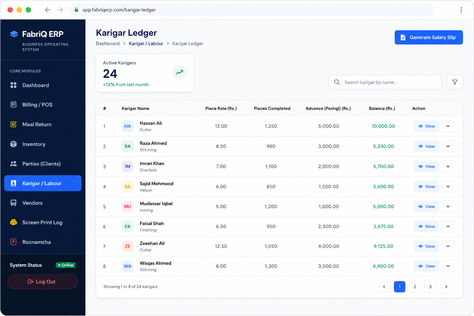 FabriQ ERP karigar ledger showing piece rate tracking, attendance and salary slip generation