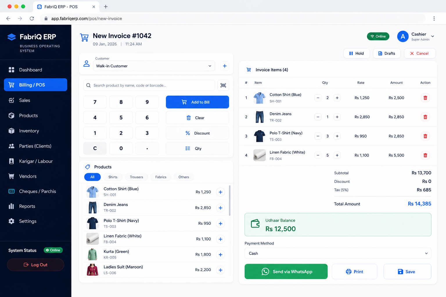 FabriQ ERP cloud POS billing screen with udhaar tracking and WhatsApp invoice sharing